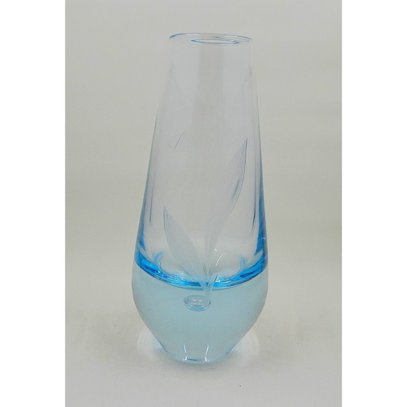 Randsfjord Handblown Glass Etched Bluebell Crystal Vase Controlled Bubble Base - Picture 1 of 12